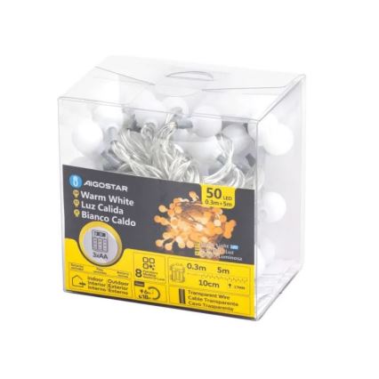 Aigostar - LED Vonkajšia vianočná reťaz 50xLED/3xAA/8 funkcií 5,3 m IP44 teplá biela