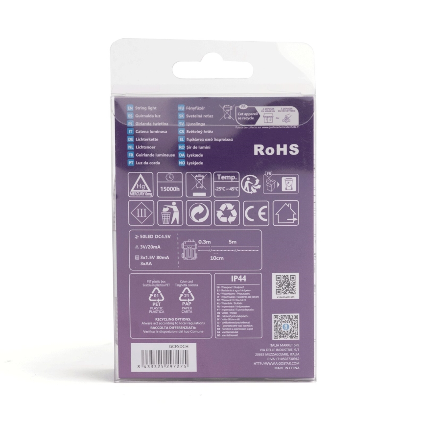 Balenie LED svetiel obsahuje technické informácie: napätie, spotreba, dĺžka, životnosť, symboly pre recykláciu, certifikáty RoHS a CE, stupeň krytia IP44 a QR kód.