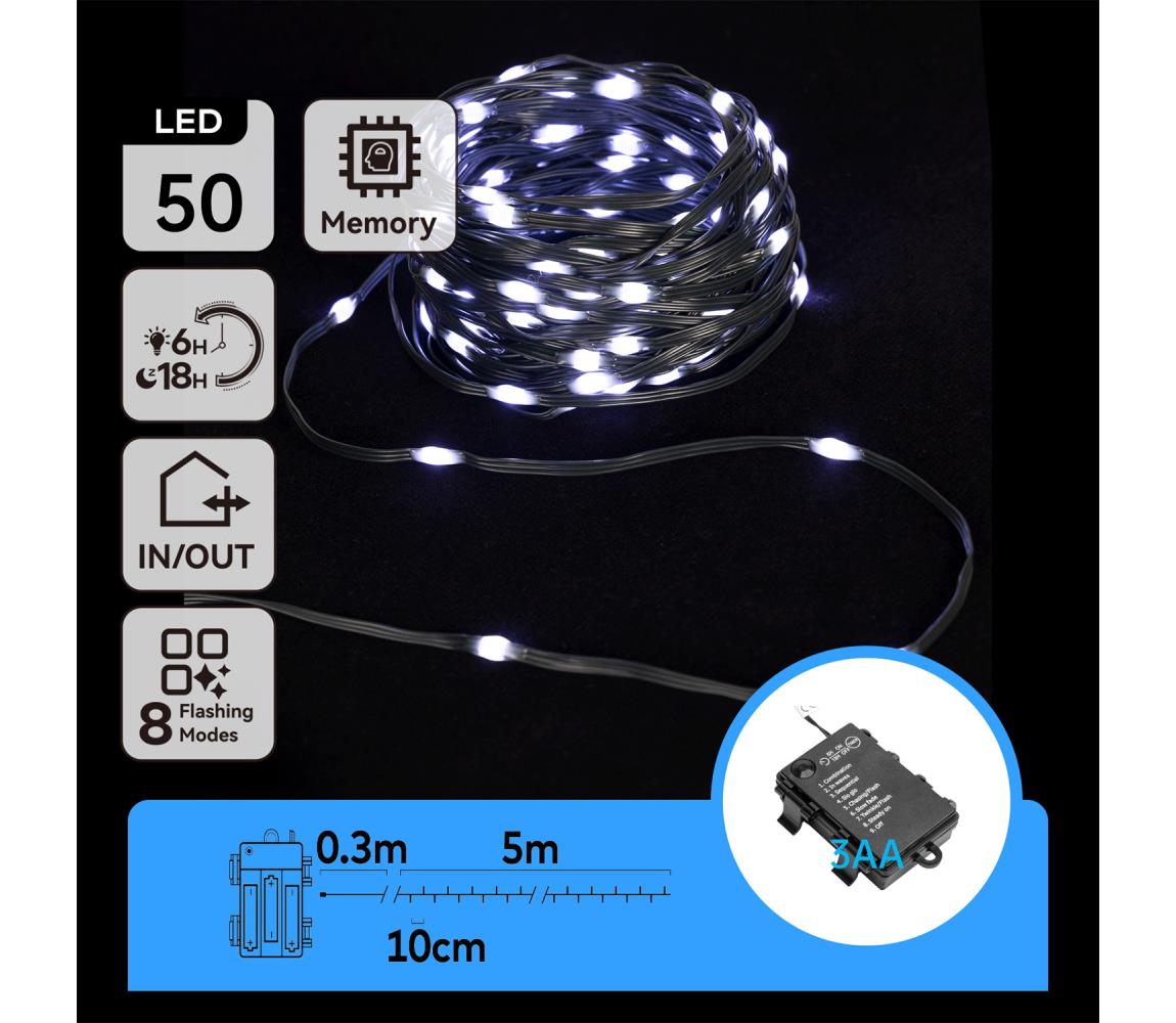 B.V. -LED Vonkajšia vianočná reťaz 50xLED/8 funkcií 3xAA 5,3m IP44 studená biela