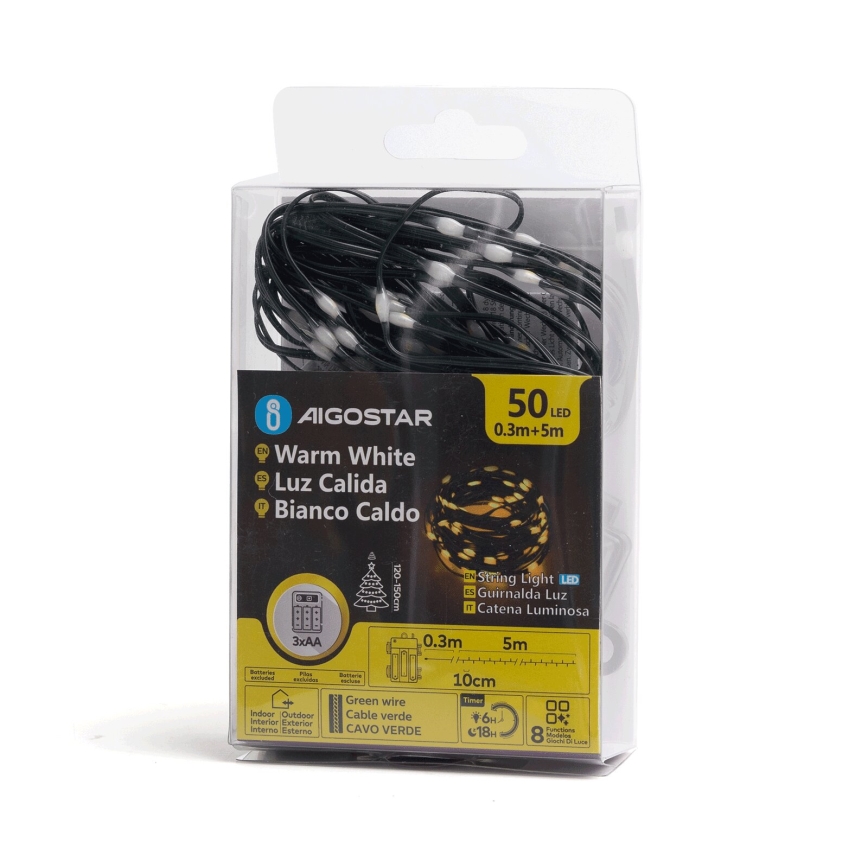 Aigostar - LED Vonkajšia vianočná reťaz 50xLED/8 funkcií 3xAA 5,3m IP44 teplá biela