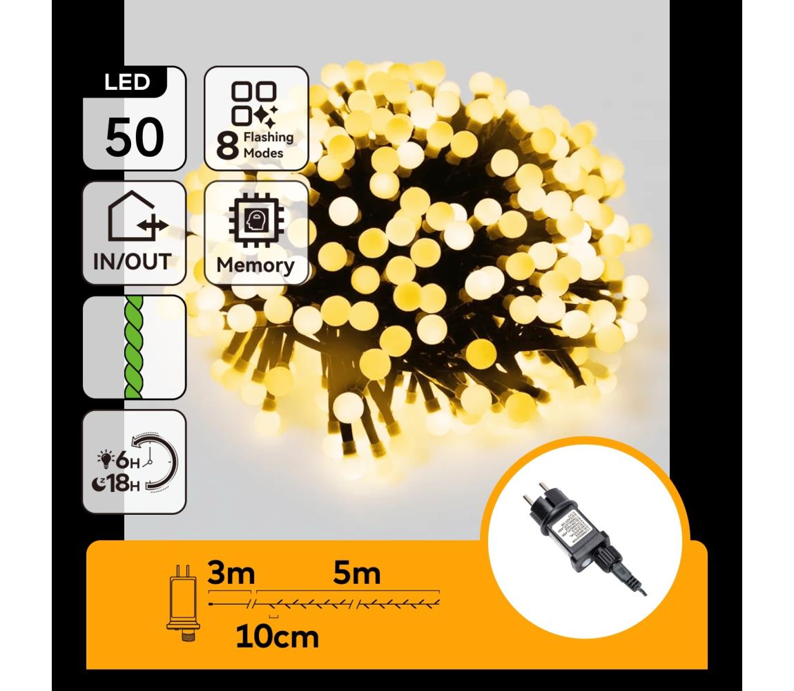 B.V.  - LED vonkajšia vianočná reťaz 50xLED/8 funkcií 8m IP44 teplá biela B103031OL