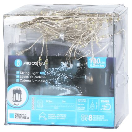 Aigostar - LED Vonkajší vianočný reťaz 100xLED/8 funkcií 3xAA 3,3m IP44 studená biela