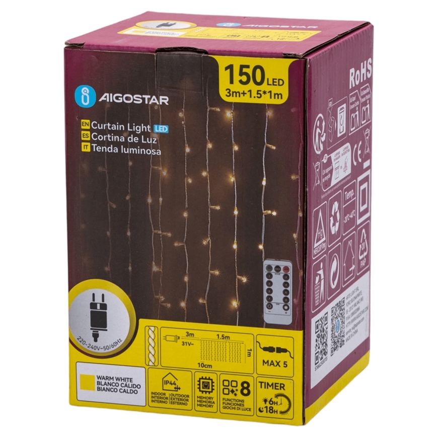 Aigostar - LED Vonkajší vianočný reťaz 150xLED/6W/230V/8 funkcií 1,5x1m IP44 teplá biela + diaľkové ovládanie