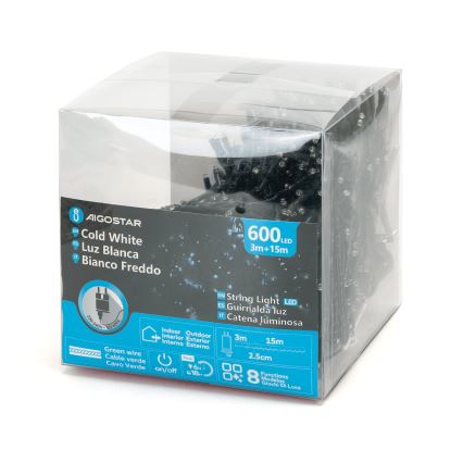 Aigostar - LED vonkajšia vianočná svetelná reťaz 600xLED/8 funkcií 18m IP44 studená biela