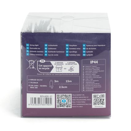 Aigostar - LED vonkajšia vianočná svetelná reťaz 600xLED/8 funkcií 18m IP44 studená biela