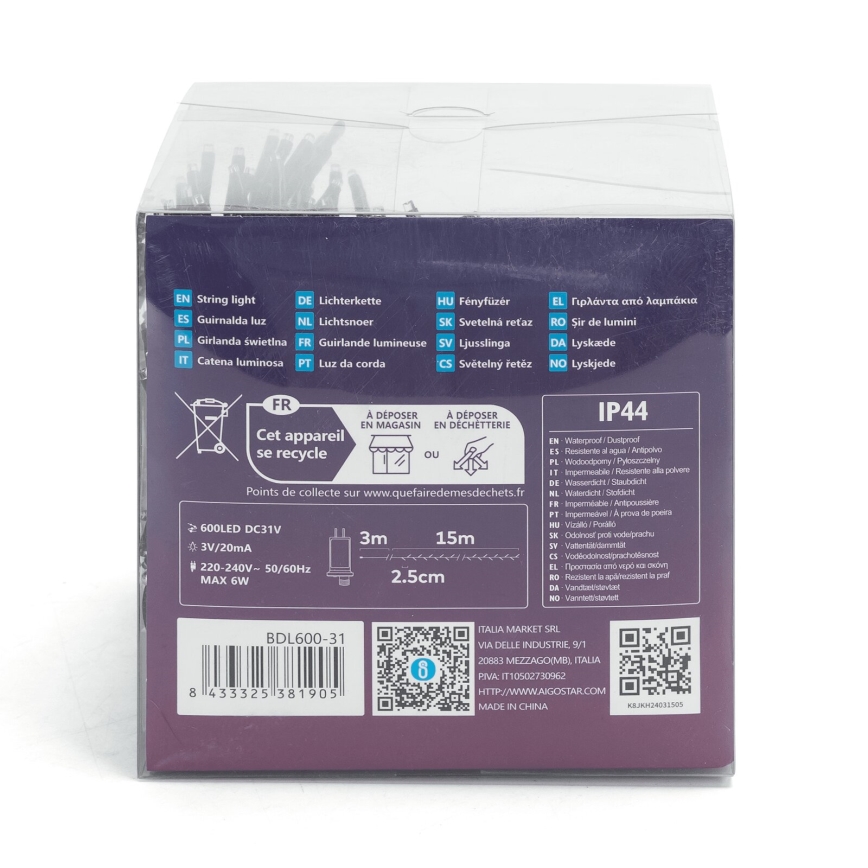 Aigostar - LED vonkajšia vianočná svetelná reťaz 600xLED/8 funkcií 18m IP44 studená biela