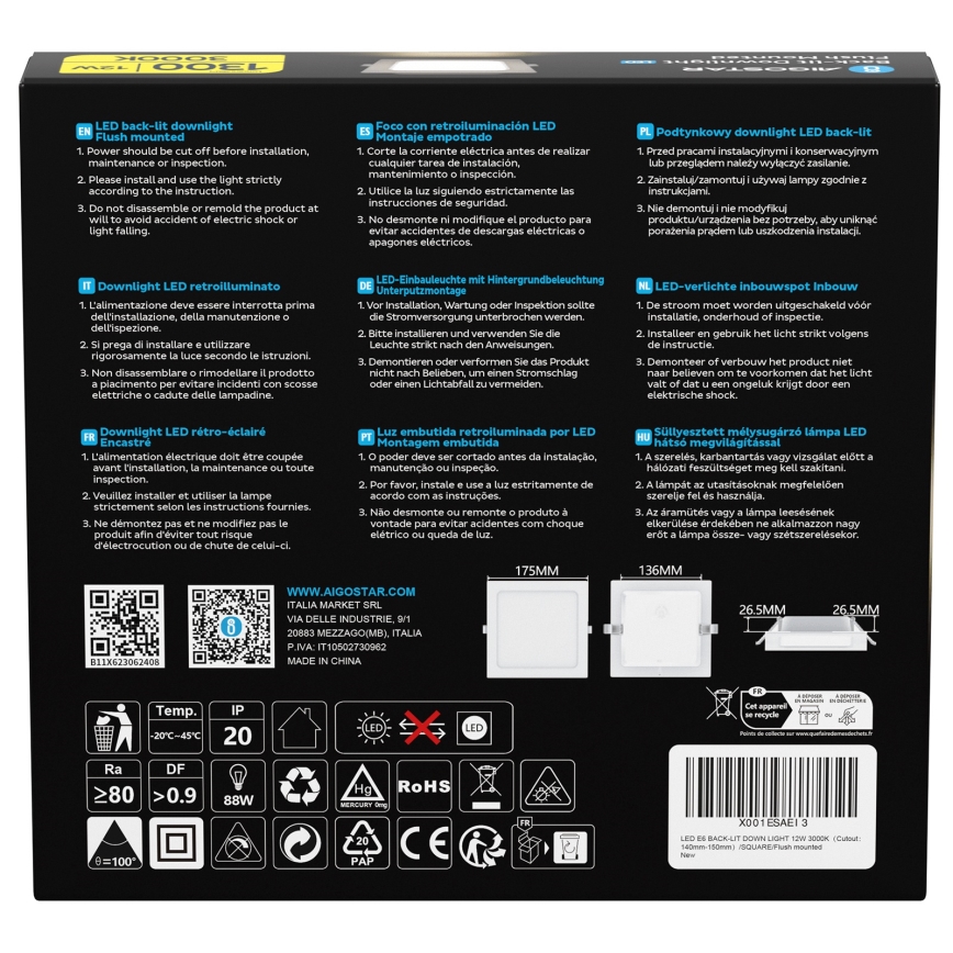 Aigostar - LED zapustené stropné svietidlo LED/12W/230V 3000K 17,5x17,5 cm biela