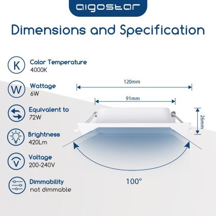 Aigostar - LED zapustené stropné svietidlo LED/6W/230V 4000K 12x12 cm biele