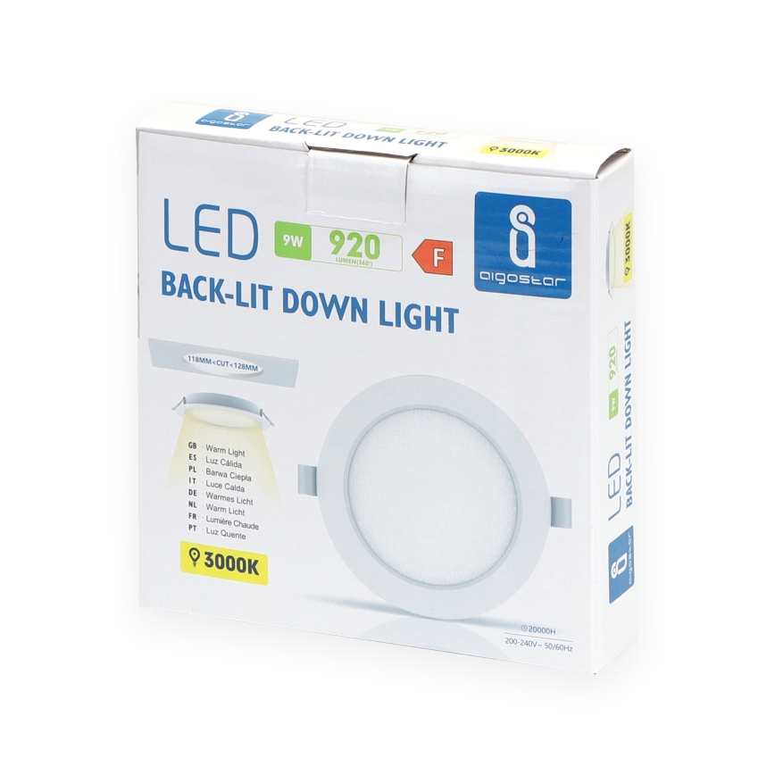 Balenie LED podsvieteného svietidla. Svietidlo je zabalené v kartónovej krabici. Na krabici je uvedený názov výrobcu Aigostar, výkon 9W, svetelný tok 920 lúmenov a farebná teplota 3000K.