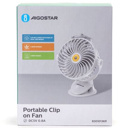 Aigostar - Nabíjací stolný ventilátor s klipom 2W/5V 2400mAh USB biela