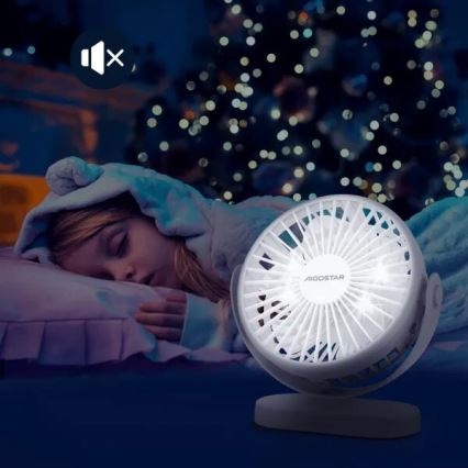 Malý biely ventilátor značky Aigostar fúka v spálni, kde dievčatko spí na vankúši pod vianočným stromčekom. Na obrázku je symbol stlmeného zvuku.