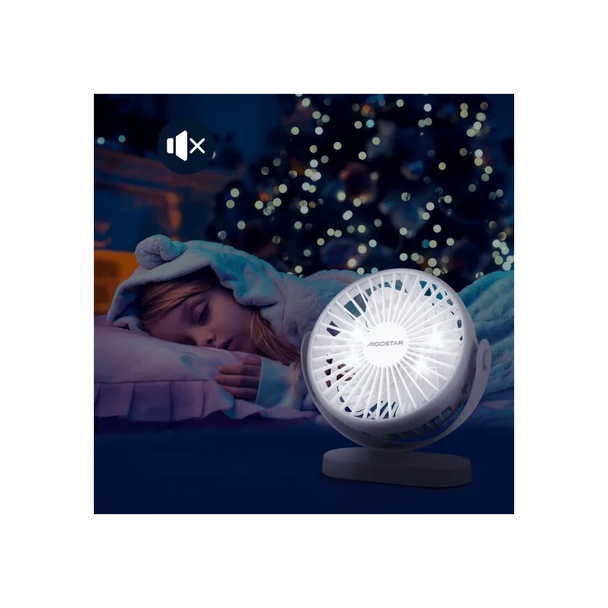 Malý biely ventilátor značky Aigostar fúka v spálni, kde dievčatko spí na vankúši pod vianočným stromčekom. Na obrázku je symbol stlmeného zvuku.