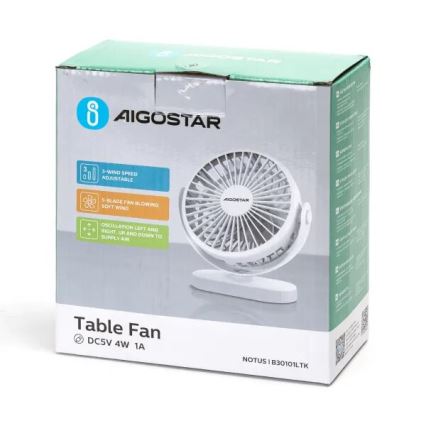Stolový ventilátor — stojí v krabici — má tri rýchlosti, päť lopatiek a osciláciu. Krabica uvádza: 3-WIND SPEED ADJUSTABLE, 5-BLADE FAN BLOWING SOFT WIND, OSCILLATION LEFT AND RIGHT, UP AND DOWN TO SUPPLY AIR, DC5V 4W 1A, NOTUS I B30101LTK.