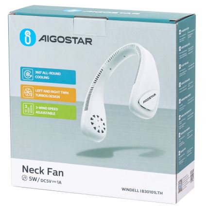 Aigostar - Nabíjací ventilátor na krk 4W/5V 2000mAh biela