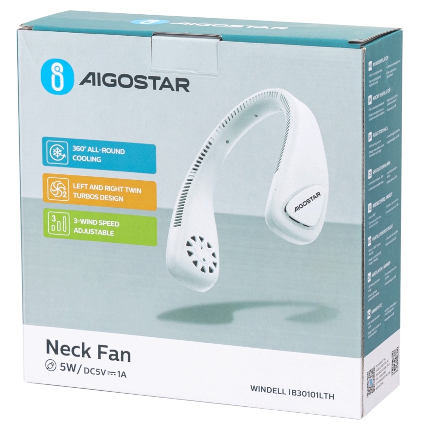 Aigostar - Nabíjací ventilátor na krk 4W/5V 2000mAh biela