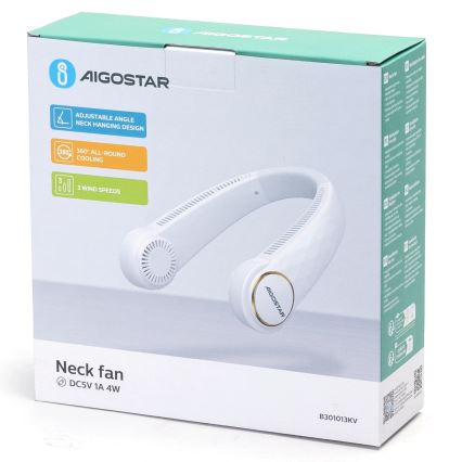Aigostar - Nabíjací ventilátor na krk 4W/5V 2000mAh biela