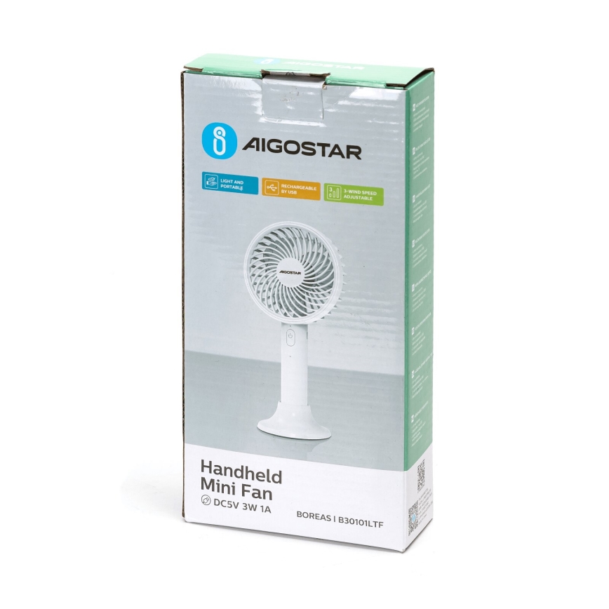 Aigostar - Nabíjací vreckový ventilátor 3W/5V 1500mAh USB biela