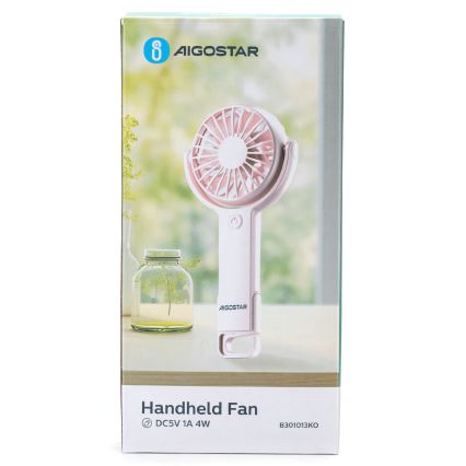 Ručný ventilátor – fúka – na balení je uvedené: Handheld Fan, DC5V 1A 4W, B301013KO.