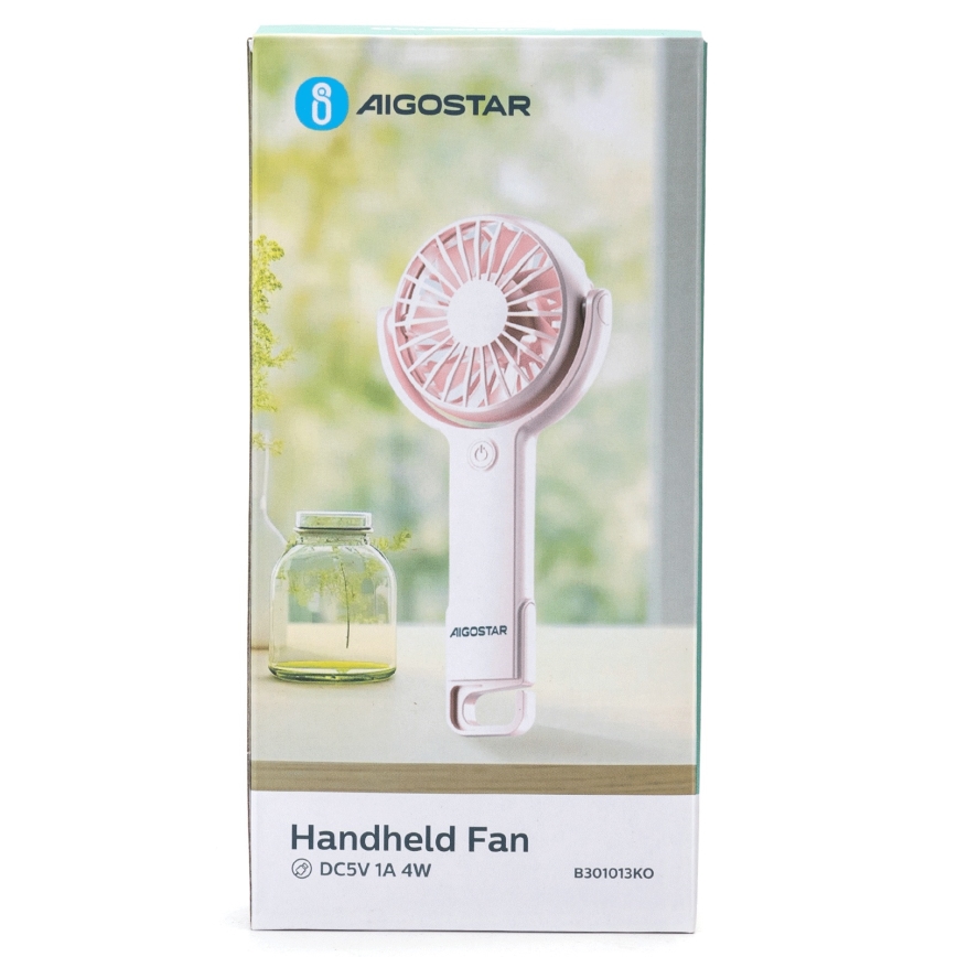 Ručný ventilátor – fúka – na balení je uvedené: Handheld Fan, DC5V 1A 4W, B301013KO.