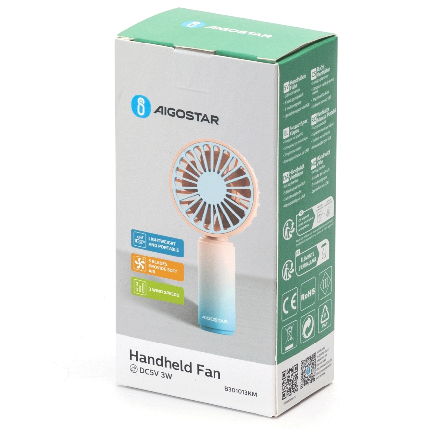 Aigostar - Nabíjateľný vreckový ventilátor 3W/5V 500 mAh USB ružová/modrá