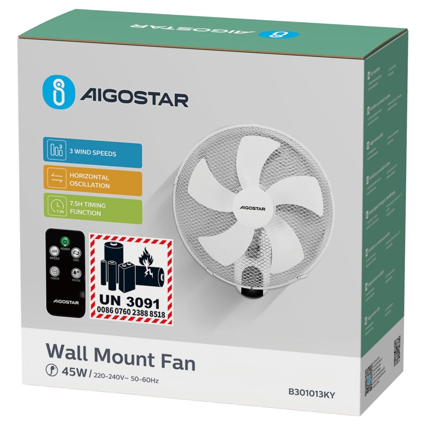 Aigostar -  Nástenný ventilátor 45W/230V biela + diaľkové ovládanie