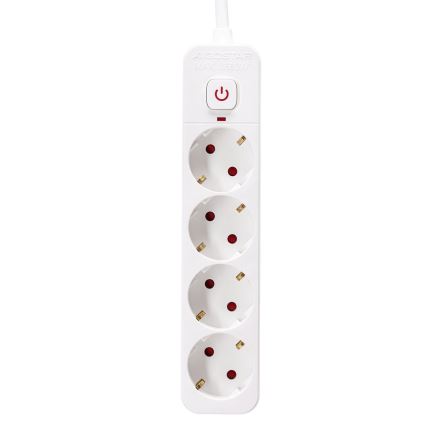 Predlžovací kábel s piatimi zásuvkami a vypínačom. Kábel je pripojený na vrchu. Na predlžovacom kábli je uvedený nápis: ALGOSTAR MAX 3680W.