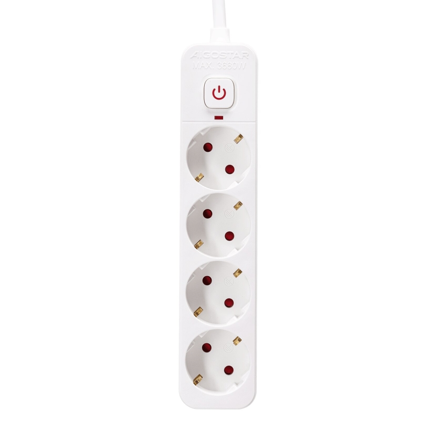 Predlžovací kábel s piatimi zásuvkami a vypínačom. Kábel je pripojený na vrchu. Na predlžovacom kábli je uvedený nápis: ALGOSTAR MAX 3680W.
