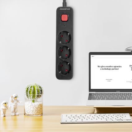 Aigostar - Predlžovací kábel s vypínačom 3Z Typ F 1,5m čierna