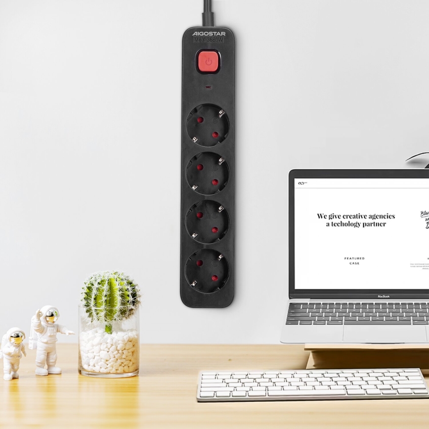Aigostar - Predlžovací kábel s vypínačom 4Z Typ F 1,5m čierna