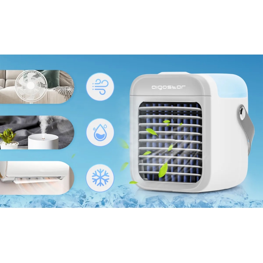 Prenositeľný klimatizačný prístroj Aigostar chladí vzduch. Je zobrazený na modrom pozadí s ikonami ventilátora, zvlhčovača, klimatizácie a snehovej vločky.