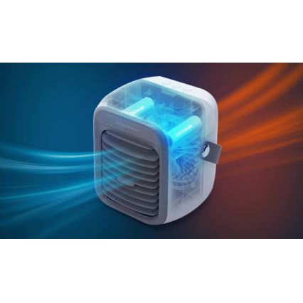 Prenositeľný klimatizátor, chladí vzduch, zobrazuje vnútornú konštrukciu s batériami 2000mAh a 1000mAh na modrom a oranžovom pozadí.