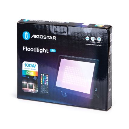 LED reflektor AigoStar 100W RGB v balení s diaľkovým ovládaním. Balenie uvádza technické parametre (220-240V, 50/60Hz) a stupeň krytia IP65.