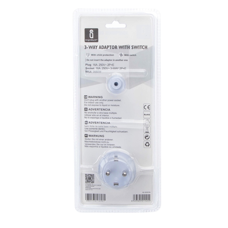 Aigostar - Rozbočovacia zásuvka s vypínačom 3x16A/230V SCHUKO