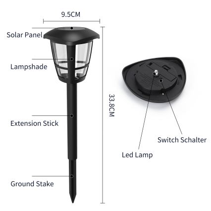 Aigostar - Sada 12 ks solárnych LED lámp LED/0,06 W/2 V 33,8 cm 6500 K 100 mAh IP44 čierna