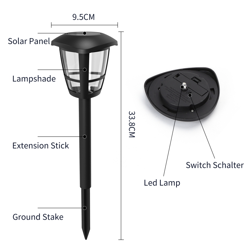 Aigostar - Sada 12 ks solárnych LED lámp LED/0,06 W/2 V 33,8 cm 6500 K 100 mAh IP44 čierna