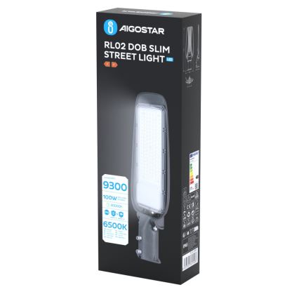 LED pouličné svetlo RL02 DOB SLIM je zobrazené na čiernom obale. Balenie uvádza technické údaje: 9300 lm, 100 W, 30000 h, 6500 K.