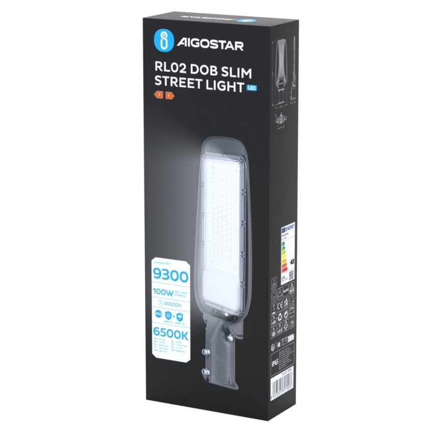 LED pouličné svetlo RL02 DOB SLIM je zobrazené na čiernom obale. Balenie uvádza technické údaje: 9300 lm, 100 W, 30000 h, 6500 K.