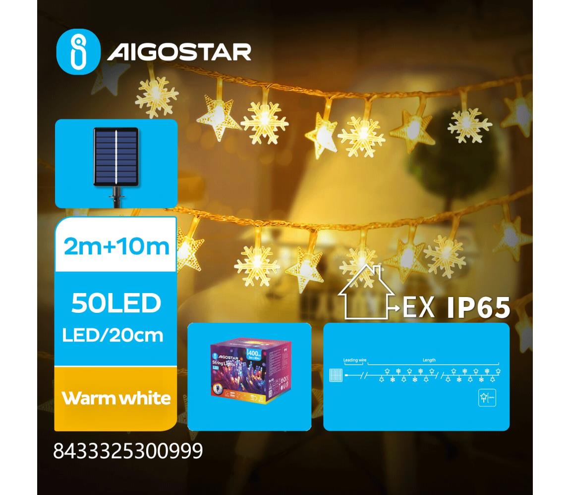 B.V. - Solárna LED reťaz 50xLED/8 funkcií 12m IP65 teplá biela B10201JE8