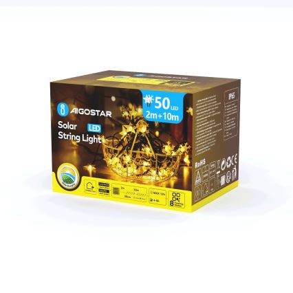 Aigostar - LED Solárna reťaz 50xLED/8 režimov 12m 800mAh IP65 teplá biela