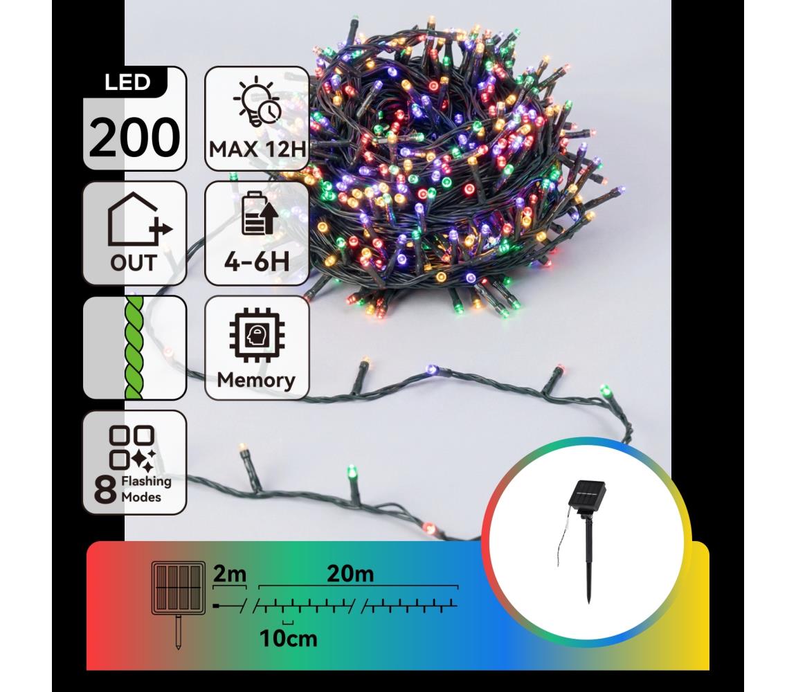 B.V.  - solárna LED vianočná reťaz 200xLED/8 funkcií 22m IP65 viacfarebná 800 mAh B10201ACRZ