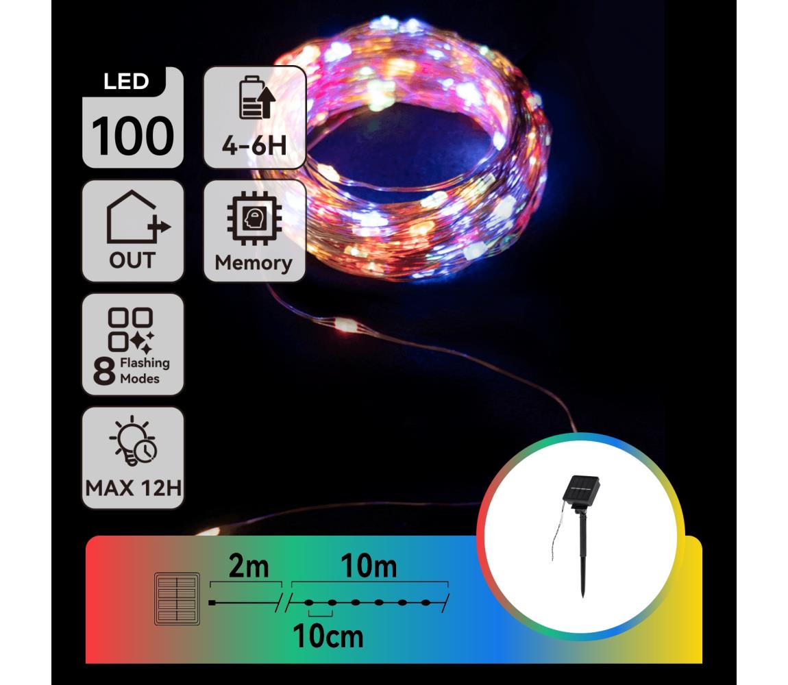 B.V.  - solárny LED reťazec, 100 LED, 8 režimov, 12 m, IP65, viacfarebný B10201K77