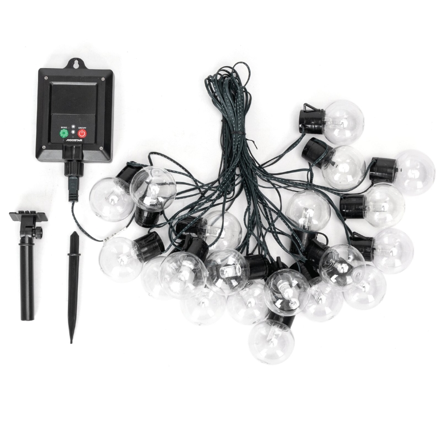 Solárna svetelná reťaz s pätnástimi guľovitými svietidlami je zložená na bielom podklade. Súčasťou je solárny panel s tlačidlami „ON“ a „OFF“ a kolový stojan.