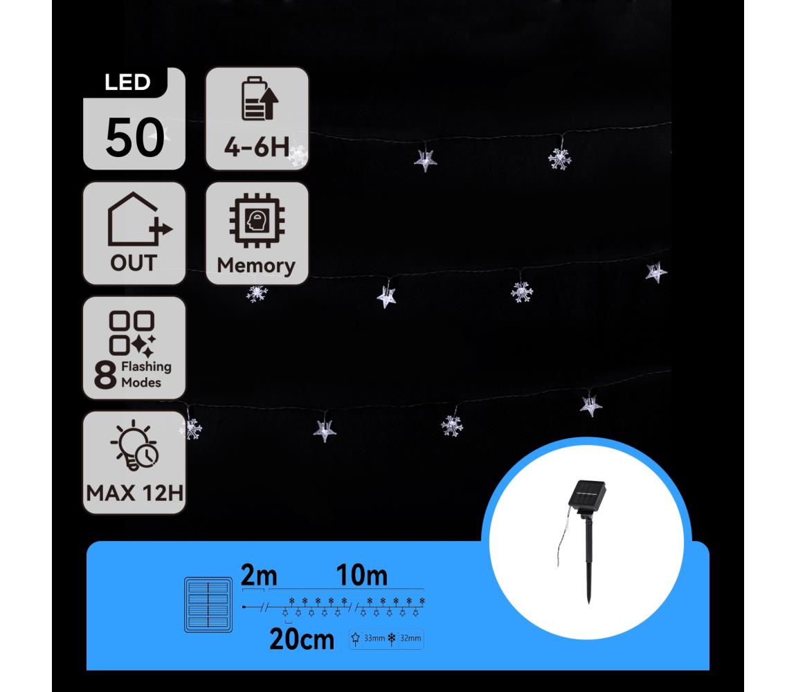 B.V.  - Solárny LED reťazec 50×LED / 8 režimov, 12 m, IP65, studená biela B10201JE9