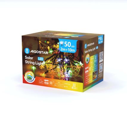 Aigostar - Solárny LED svetelný reťaz 50× LED / 8 funkcií, 800 mAh, 12 m, IP65, viacfarebný