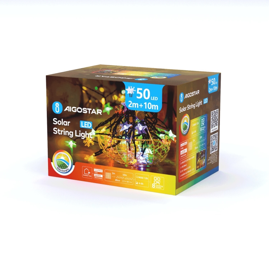 Aigostar - Solárny LED svetelný reťaz 50× LED / 8 funkcií, 800 mAh, 12 m, IP65, viacfarebný