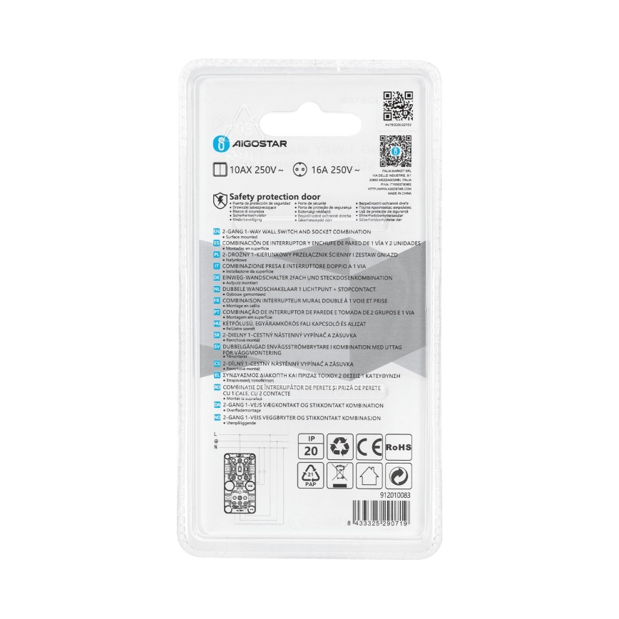 Aigostar - Spínač domový 2P so zásuvkou 1x10A/250V