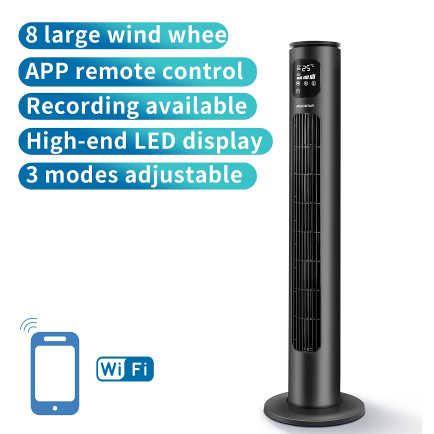 Aigostar - Stĺpový ventilátor 50W/230V čierna Wi-Fi + diaľkové ovládanie