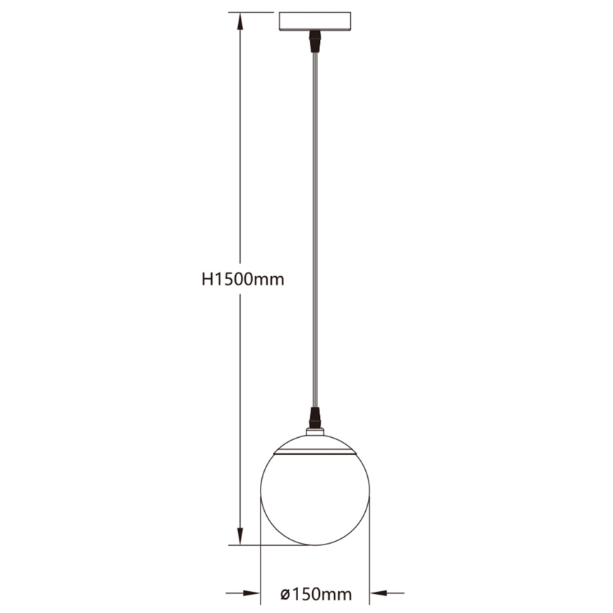 Závesné svietidlo s guľovou tienidlom visí zo stropu na 1500 mm dlhom kábli. Tienidlo má priemer 150 mm.