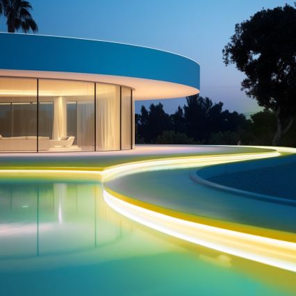 Moderná vila s veľkými oknami a osvetleným bazénom sa nachádza v nočnom prostredí s vegetáciou.