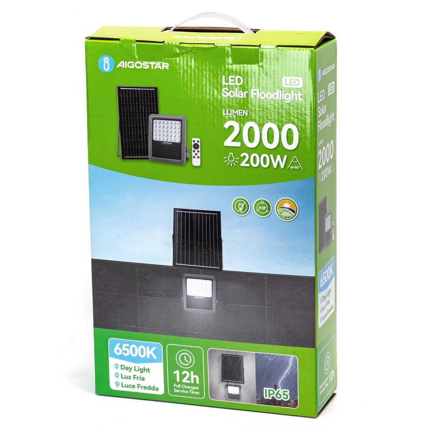 Balenie solárneho LED reflektoru s 2000 lumenmi a výkonom 200W. Obsahuje solárny panel, diaľkové ovládanie a je odolné voči poveternostným vplyvom (IP65). Svieti 12 hodín na plné nabitie.